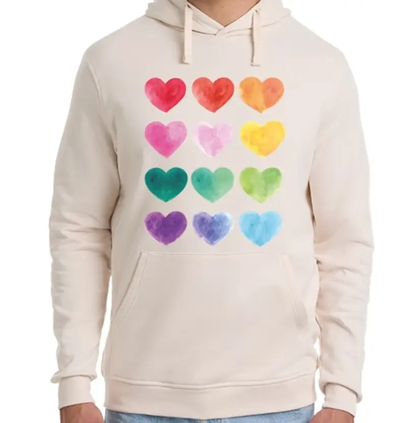 Felpa unisex con cappuccio cuori colorati