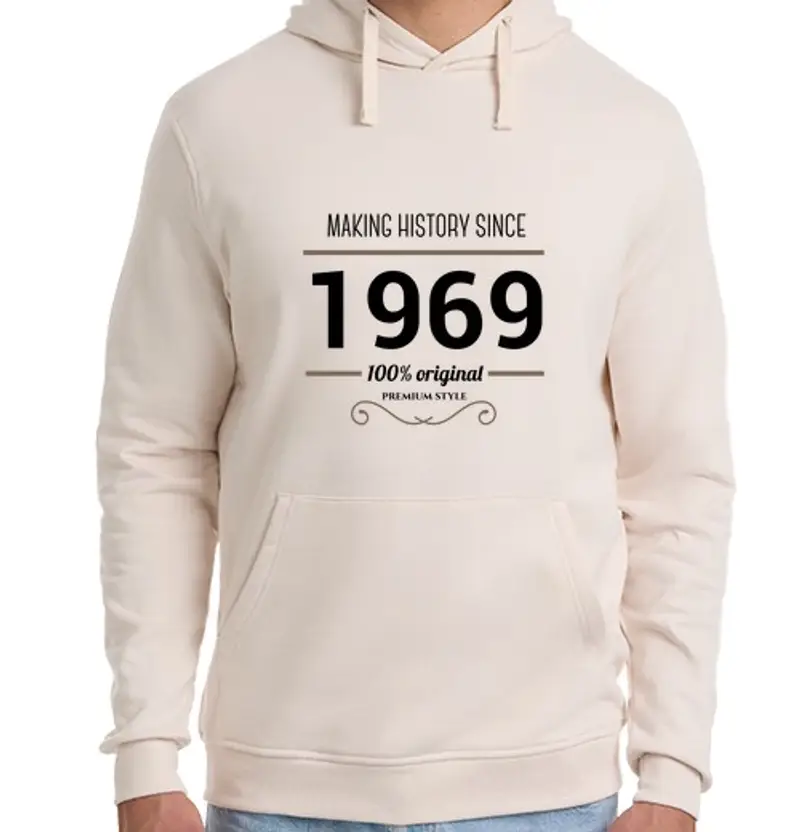 Felpa unisex con cappuccio ma king hi story 1969 testo nero