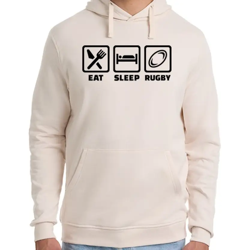 Felpa unisex con cappuccio mangia sonno rugby