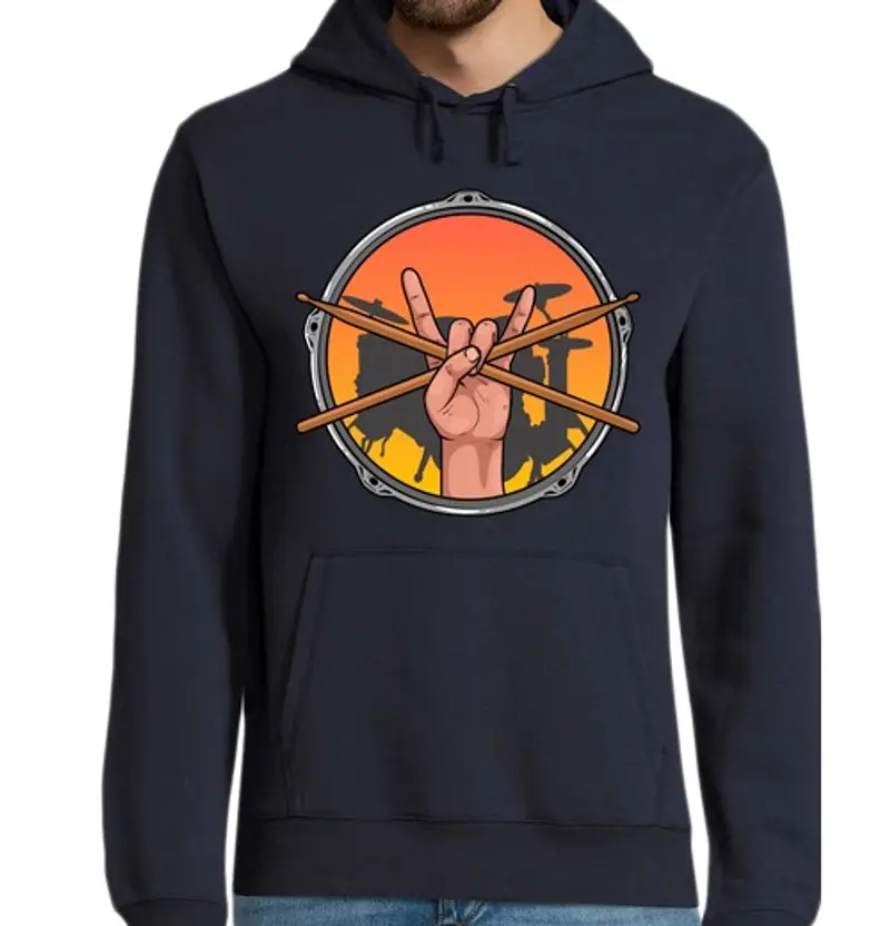 Felpa uomo con cappuccio batterista rock and roll mano corna batteria musica heavy metal
