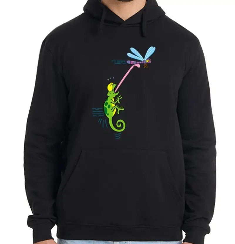 Felpa uomo con cappuccio camaleonte e libellula