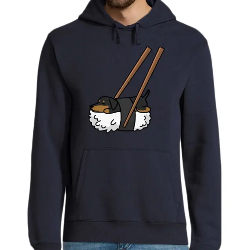 Felpa uomo con cappuccio cane bassotto sushi