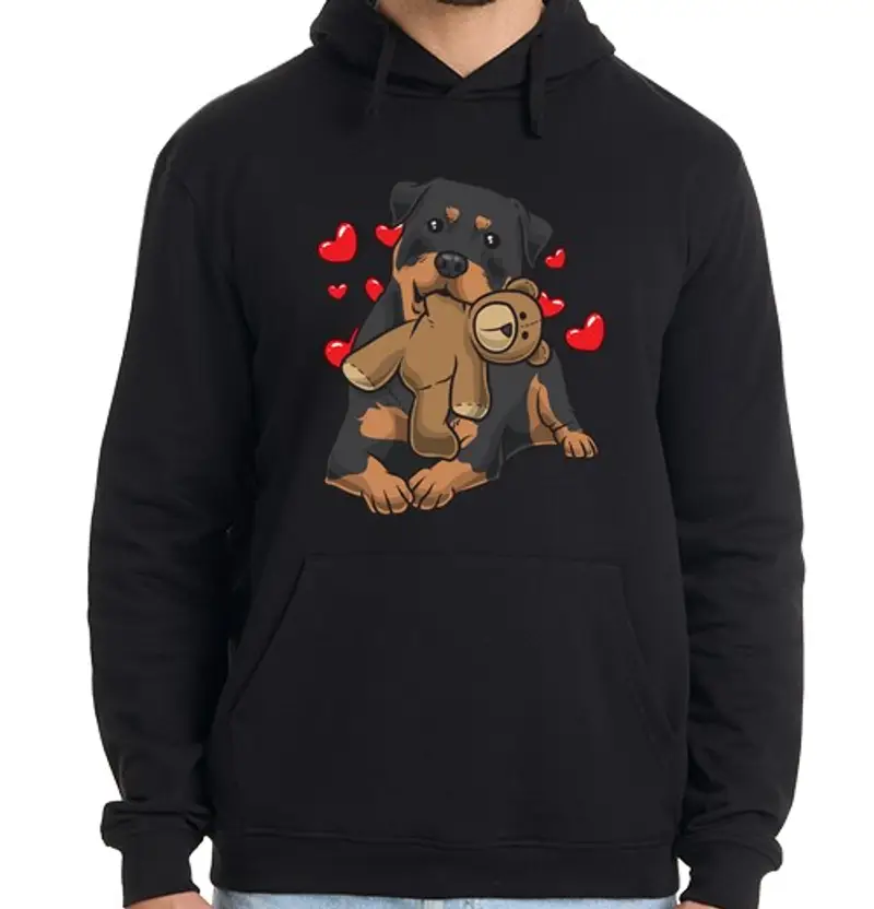 Felpa uomo con cappuccio cane rottweiler con peluche e
