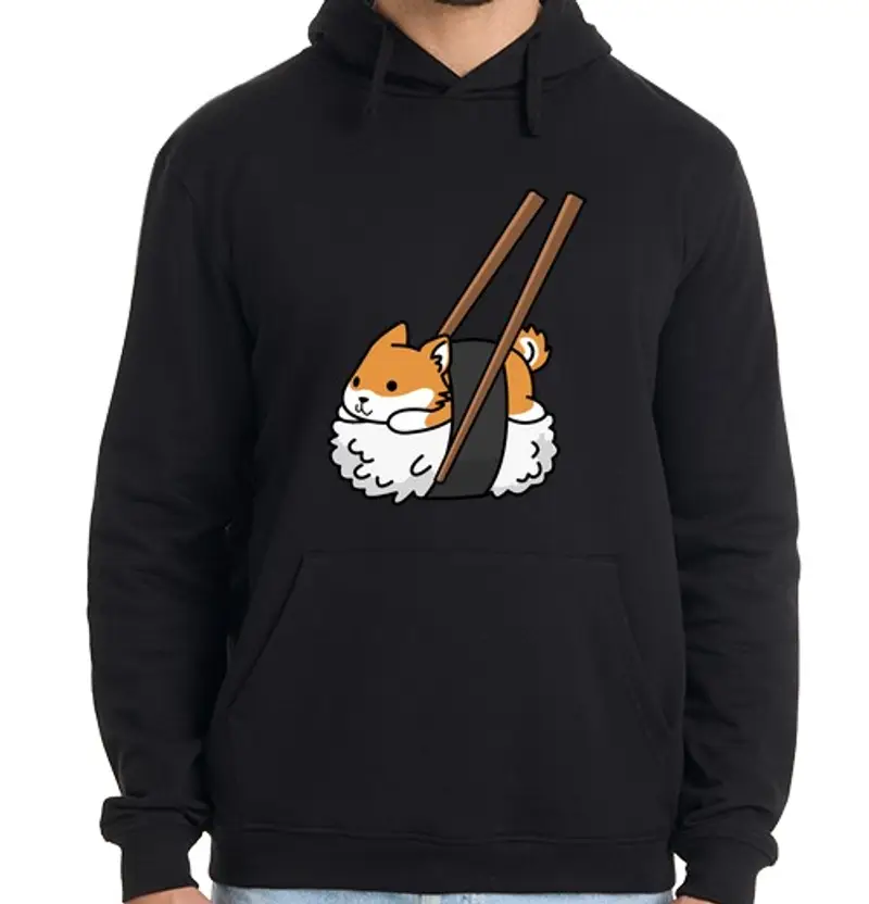 Felpa uomo con cappuccio cane shiba inu sushi
