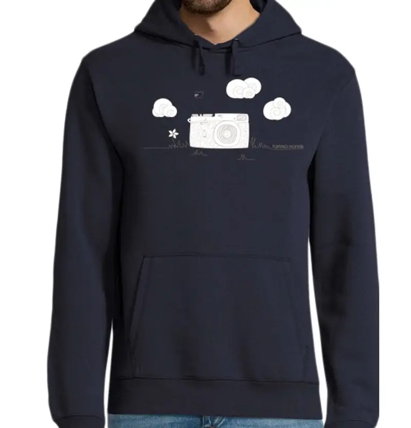 Felpa uomo con cappuccio donna jersey con cappuccio, blu scuro, macchina fotografica, foto, vintage