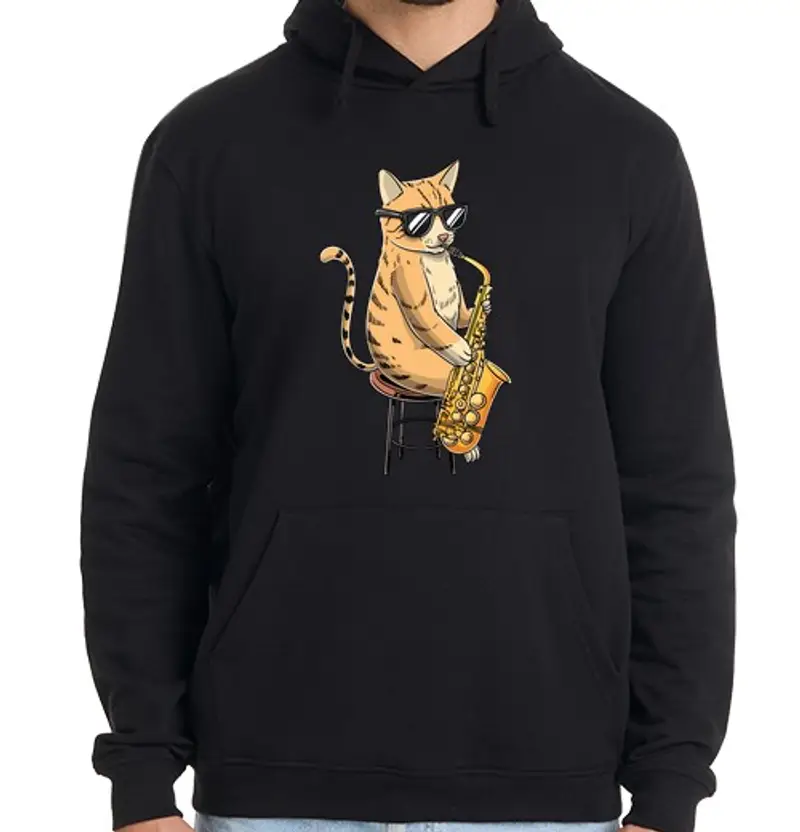 Felpa uomo con cappuccio gatto che suona sassofono saxiness