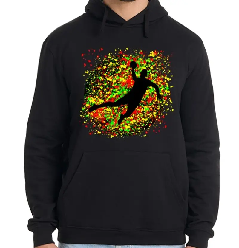 Felpa uomo con cappuccio giocatore di pallamano su sfondo colora