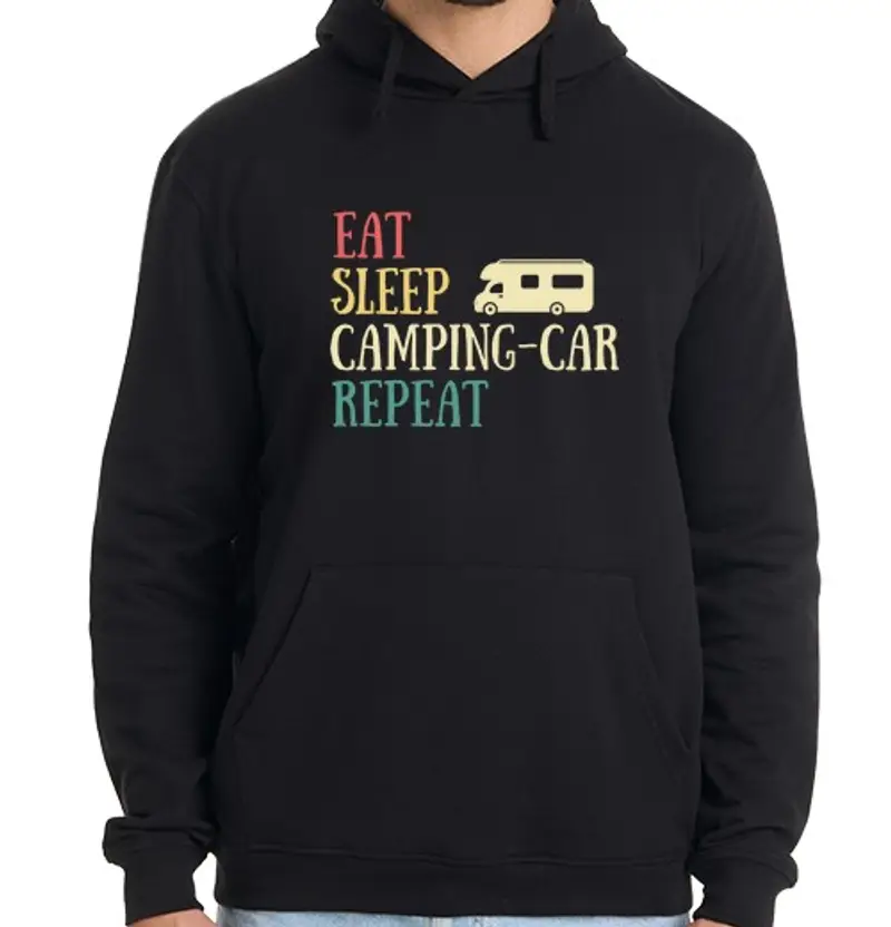 Felpa uomo con cappuccio mangiare dormire camper umorismo pensio