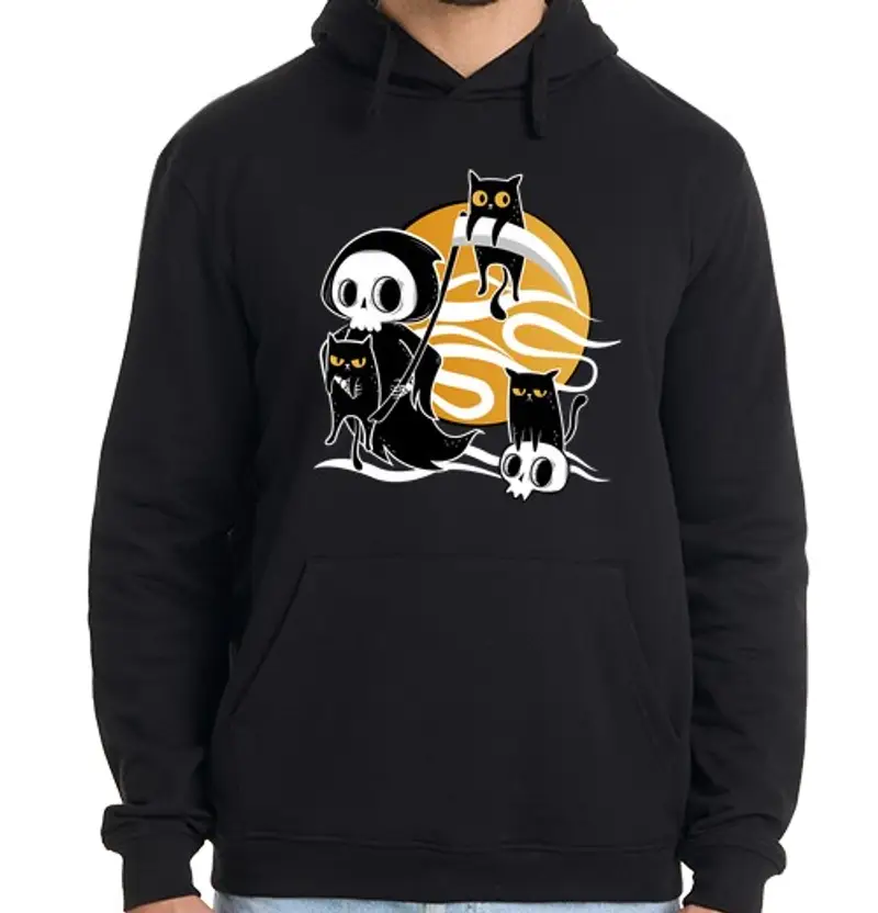 Felpa uomo con cappuccio morte con falce e gatto neri