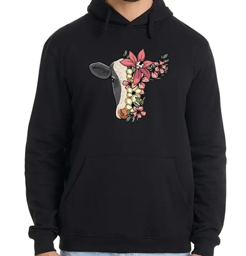 Felpa uomo con cappuccio mucca con fiori contadino mucca allevat