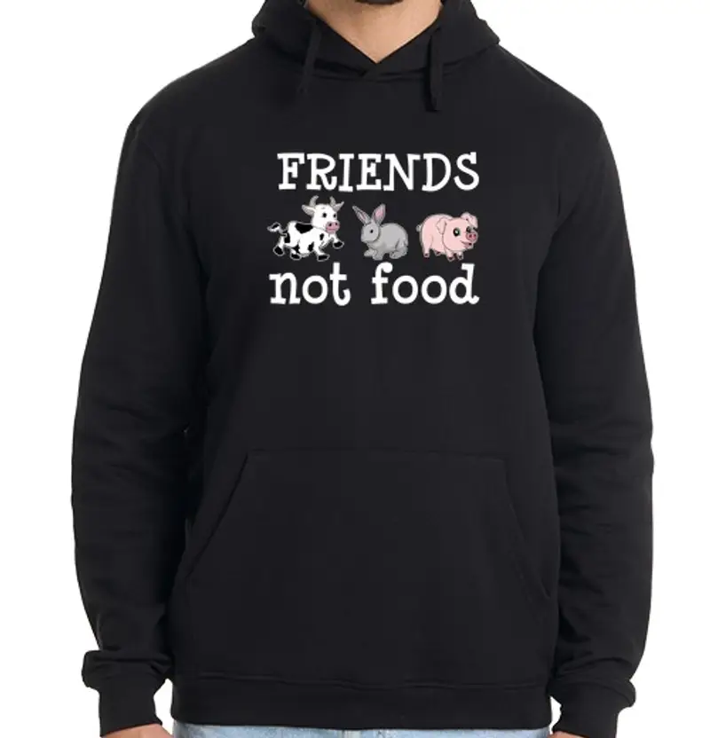 Felpa uomo con cappuccio non cibo vegetariano vegano animale giu