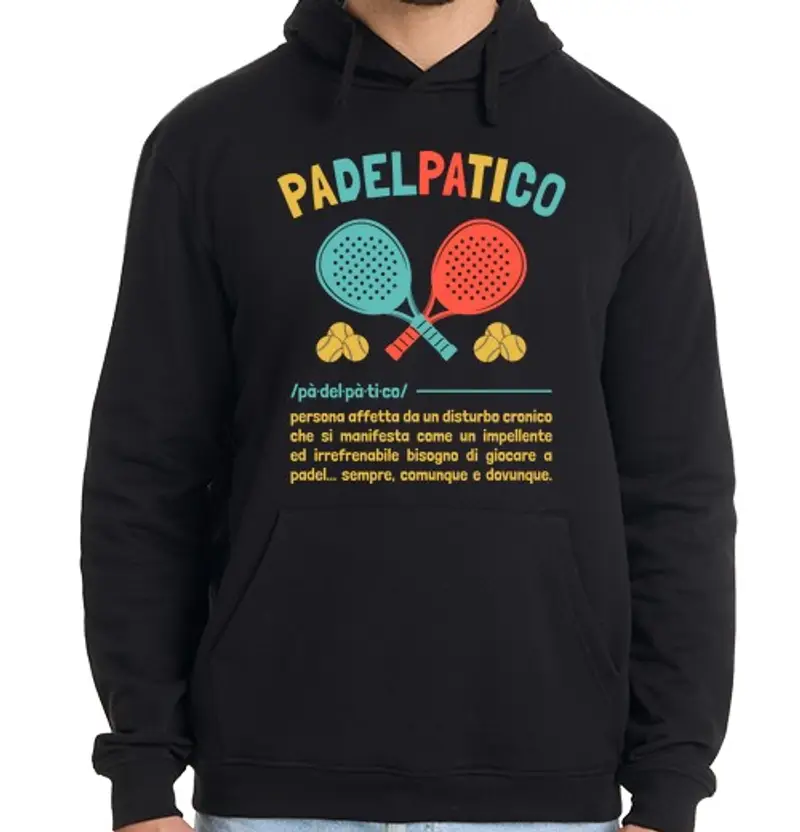 Felpa uomo con cappuccio Padelpatico Scritta Padel Divertente
