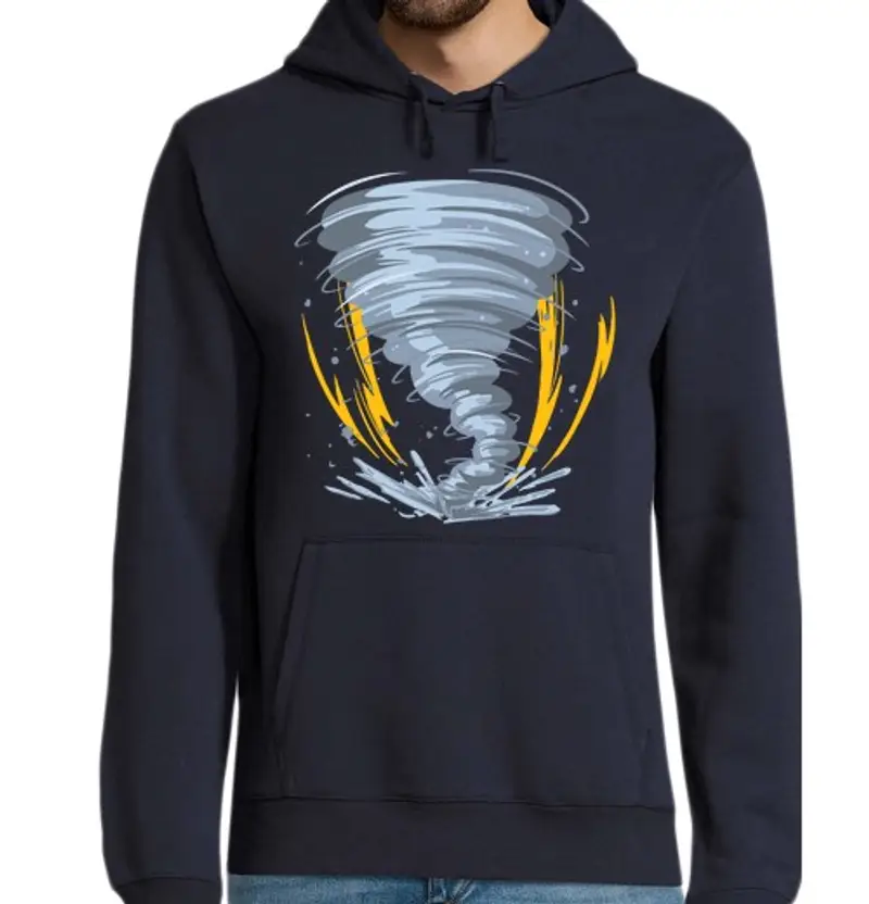 Felpa uomo con cappuccio raffica di tornado nel disegno di fumetti a turbinio
