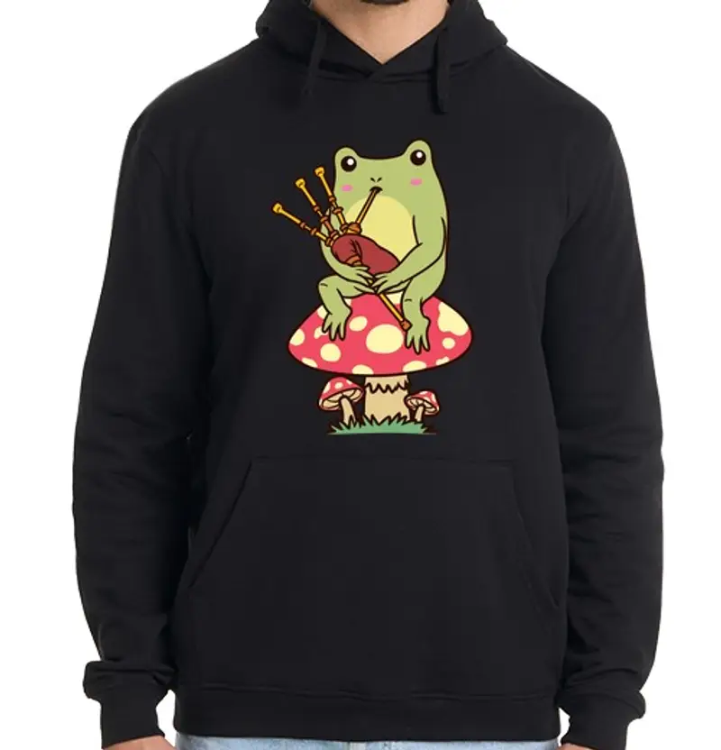 Felpa uomo con cappuccio rana su un suonatore di cornamusa a fun