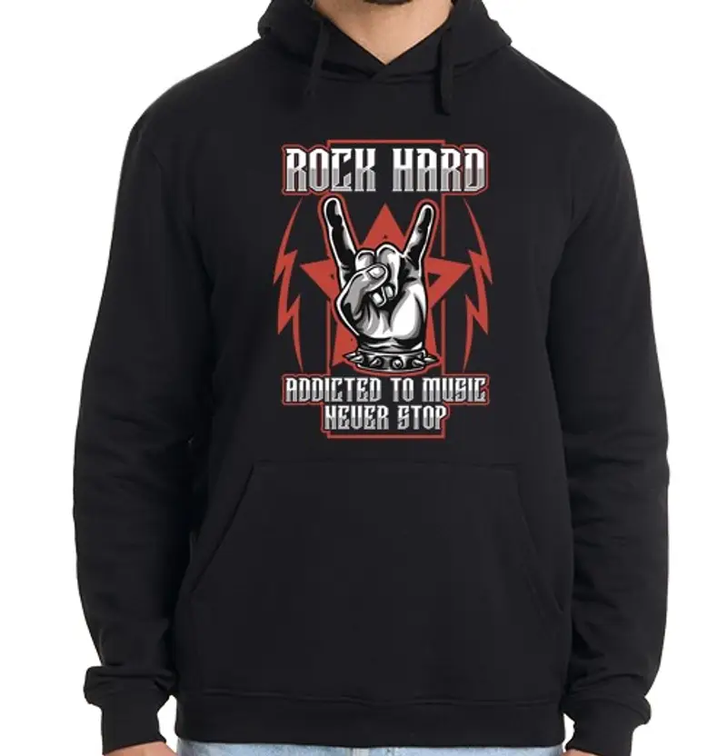 Felpa uomo con cappuccio rock hard heavy metal simbolo musica hard rock mano corna rockero