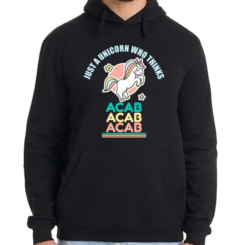 Felpa uomo con cappuccio solo un unicorno che pensa acab
