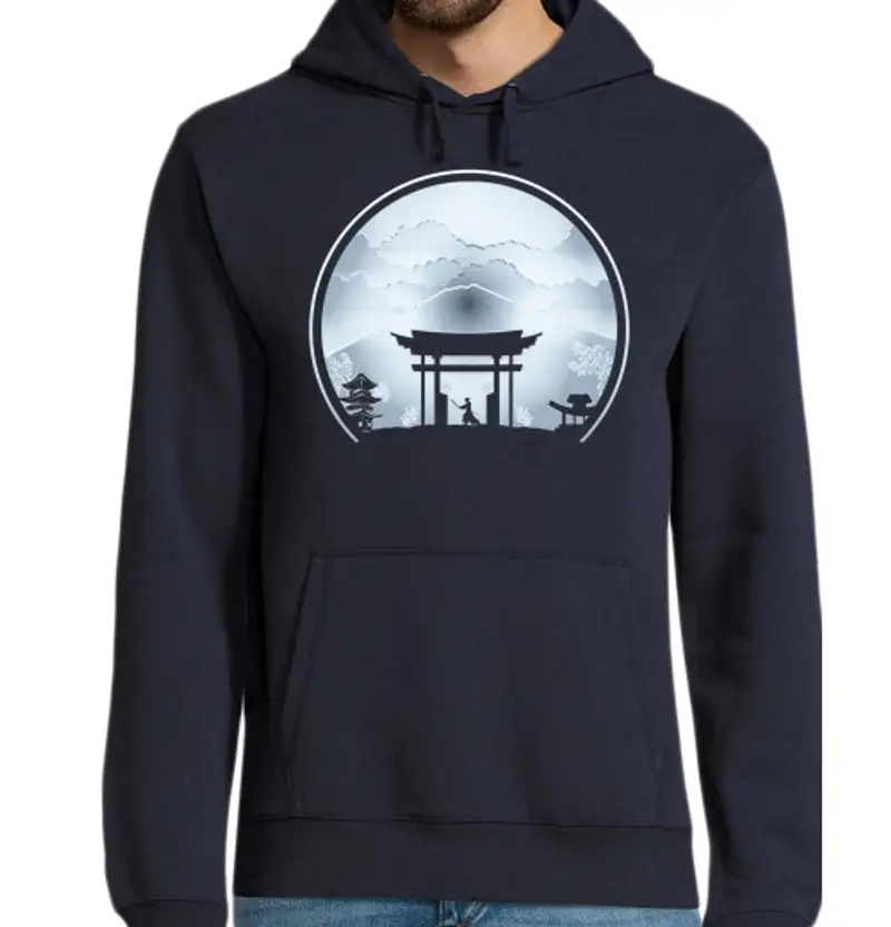 Felpa uomo con cappuccio tempio blu samurai