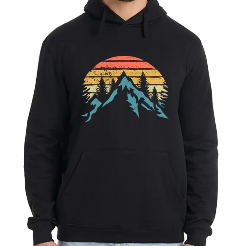 Felpa uomo con cappuccio tramonto montagne alberi natura avventura vintage