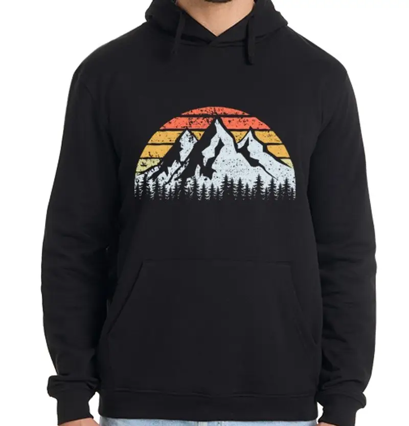 Felpa uomo con cappuccio tramonto montagne alberi natura avventura vintage