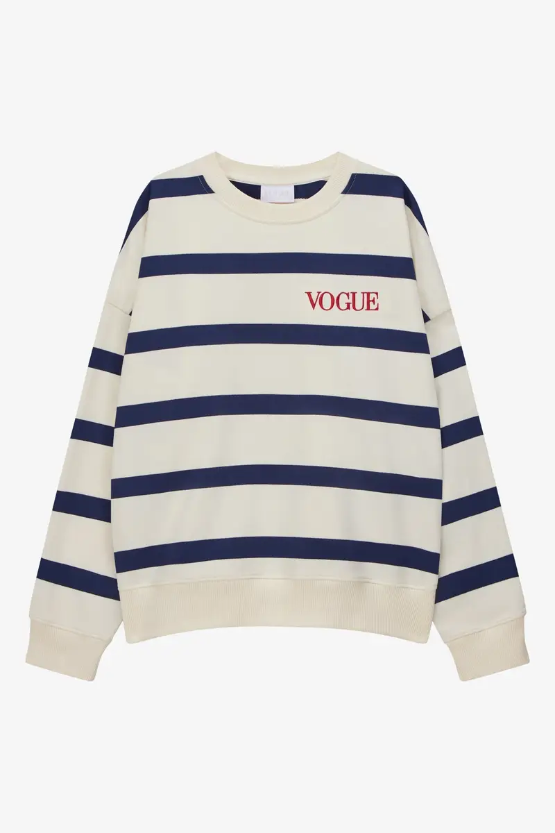 Felpa VOGUE Stripes Edition a righe blu con logo ricamato rosso