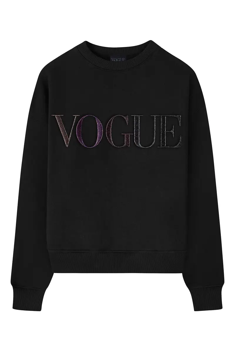 Felpa VOGUE Winter Collection nera con logo ricamato glitterato