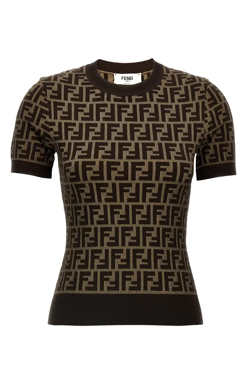 Fendi Maglia marrone in cotone jacquard con motivo FF