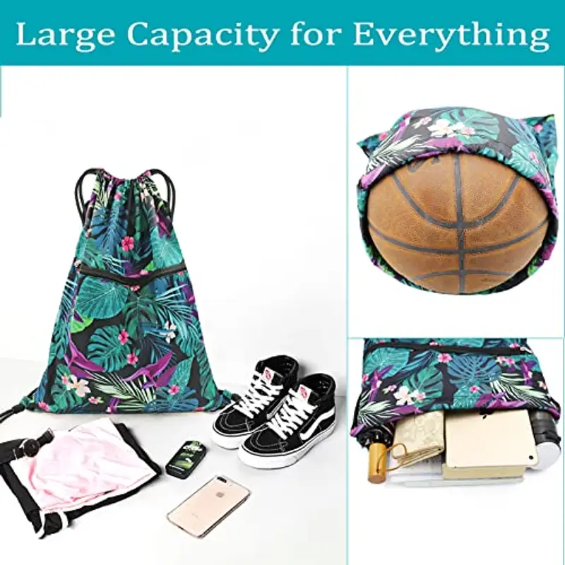 FenFang Zaino con Coulisse, Borse a Sacco Tracolla Grande, Zainetto Leggero Sportivo Sacca con Cordoncino Sacche Palestra Scuola Viaggio Pieghevole Zainetti Neri Donna Bambini Bambina Ragazza Fiore miniatura 3