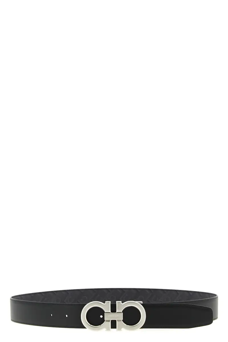 Cintura Reversibile Stampa 'Gancini' Nero