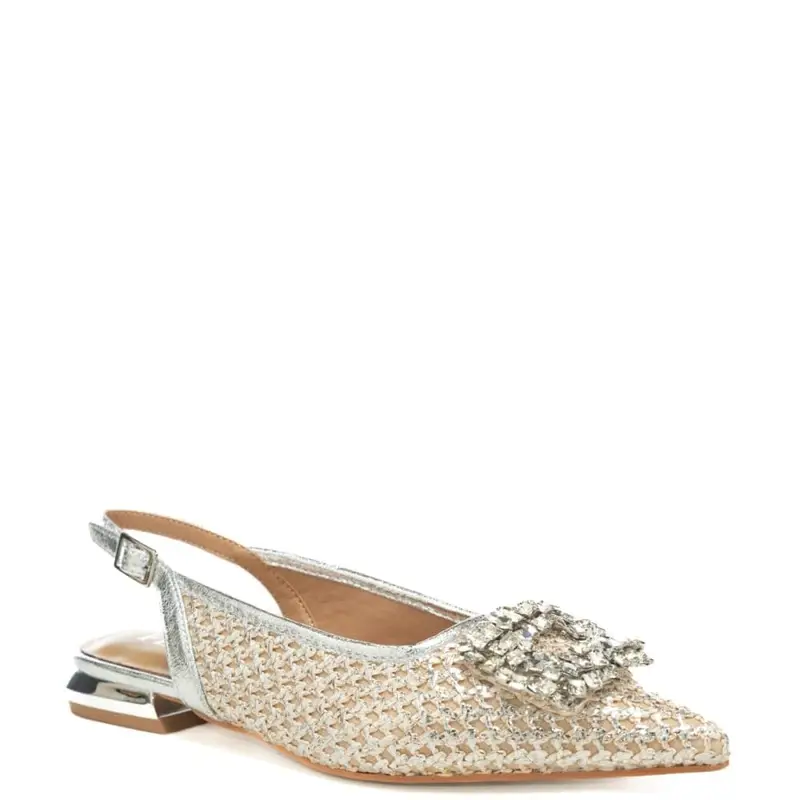 slingback basse da donna con tomaia traforata in lurex con applicazione con maxi strass frontale argento miniatura 2