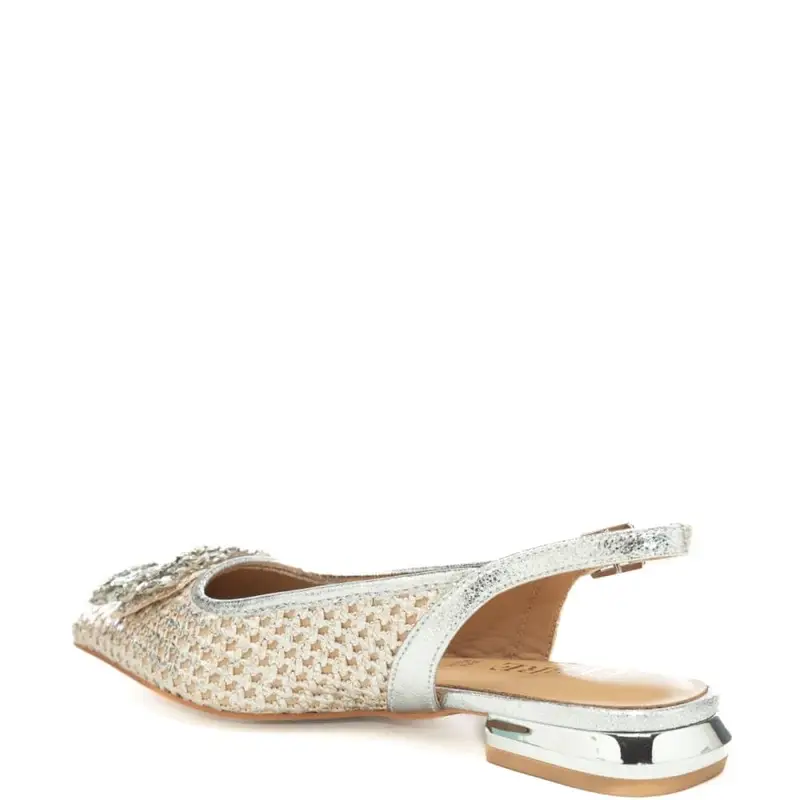 slingback basse da donna con tomaia traforata in lurex con applicazione con maxi strass frontale argento miniatura 3