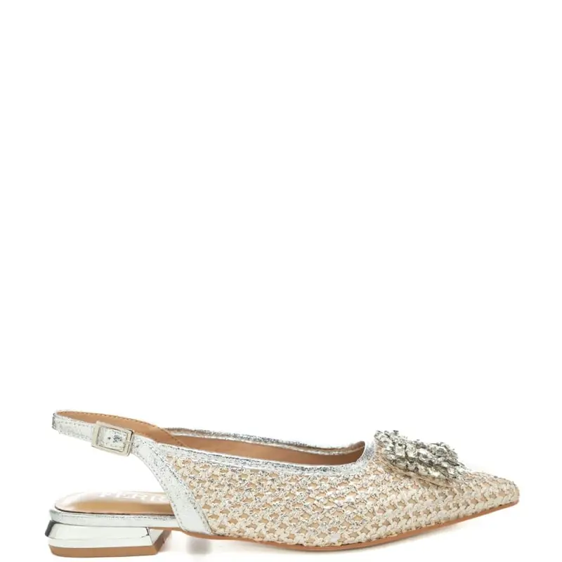 slingback basse da donna con tomaia traforata in lurex con applicazione con maxi strass frontale argento