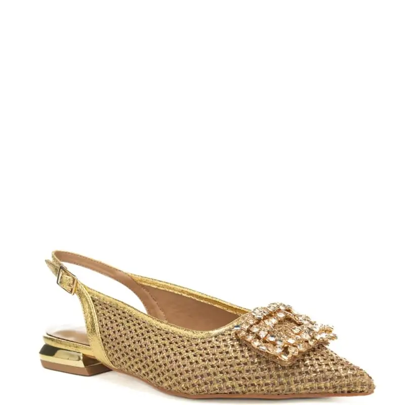 slingback basse da donna con tomaia traforata in lurex con applicazione con maxi strass frontale oro miniatura 2