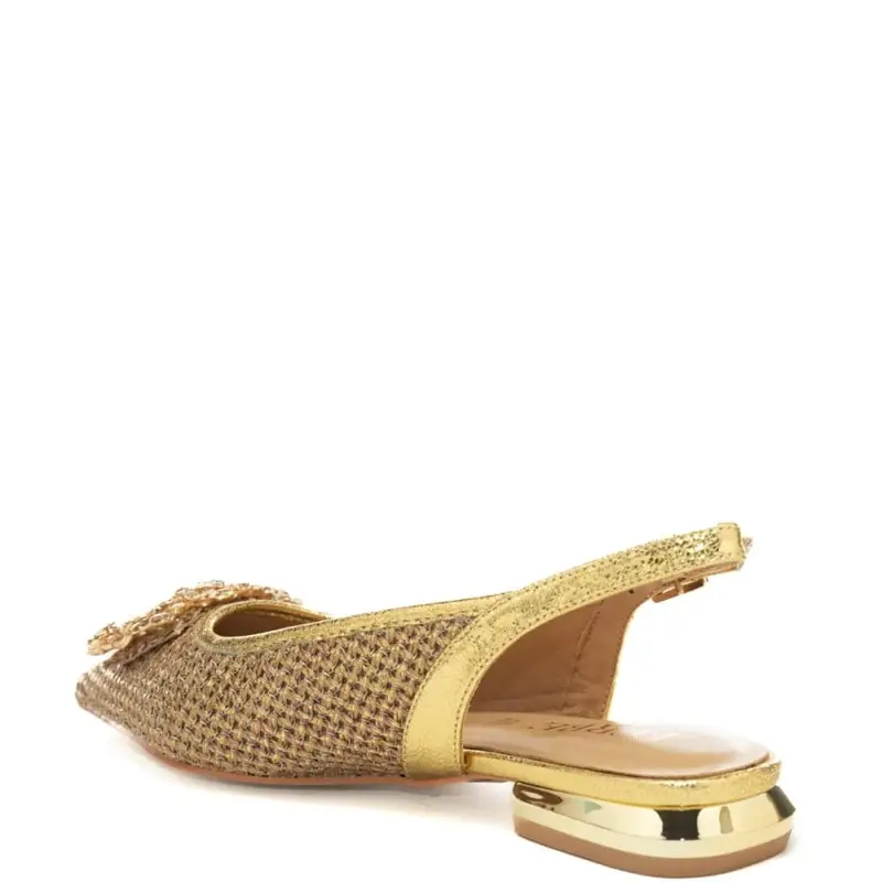 slingback basse da donna con tomaia traforata in lurex con applicazione con maxi strass frontale oro miniatura 3