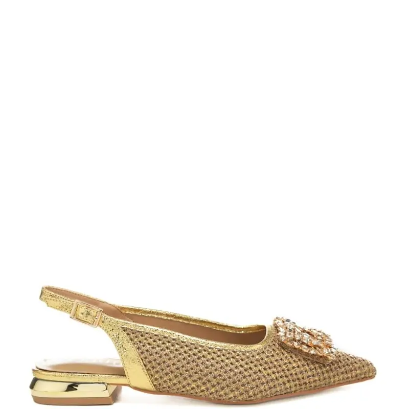 slingback basse da donna con tomaia traforata in lurex con applicazione con maxi strass frontale oro