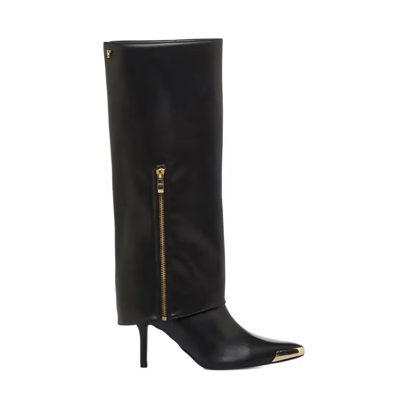 Stivali neri eleganti in pelle da donna con tacco alto e gambale maxi risvolto con zip