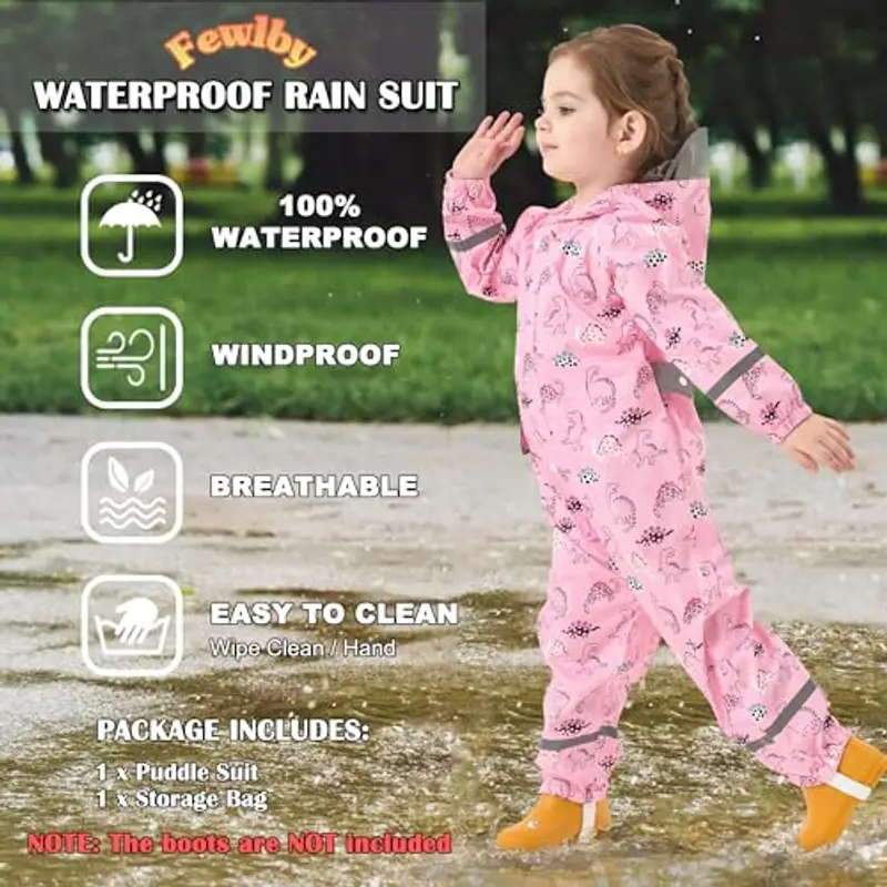 Fewlby Tuta Impermeabile Bambina, Tuta Pioggia Ragazze Poncho Antipioggia con Cappuccio Impermeabile Bambini Giacche miniatura 2