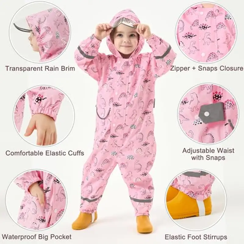 Fewlby Tuta Impermeabile Bambina, Tuta Pioggia Ragazze Poncho Antipioggia con Cappuccio Impermeabile Bambini Giacche miniatura 3
