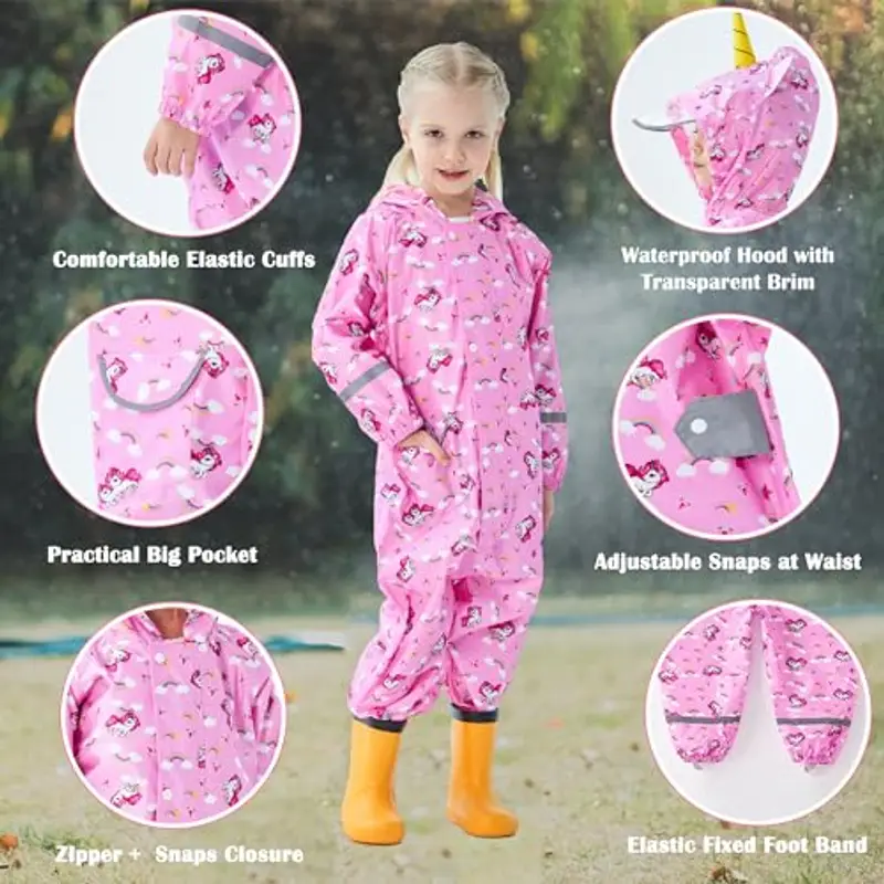 Fewlby Tuta Impermeabile Bambini Tuta Pioggia Bambina Antipioggia con Cappuccio Poncho Impermeabile Ragazze Ragazzi miniatura 2
