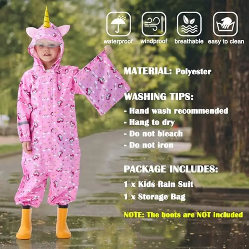 Fewlby Tuta Impermeabile Bambini Tuta Pioggia Bambina Antipioggia con Cappuccio Poncho Impermeabile Ragazze Ragazzi miniatura 3