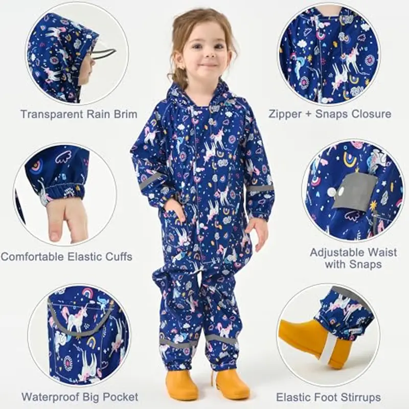 Fewlby Tuta Impermeabile Bambini Tuta Pioggia, Poncho Antipioggia con Cappuccio Bambina Impermeabile Ragazze Giacche miniatura 3