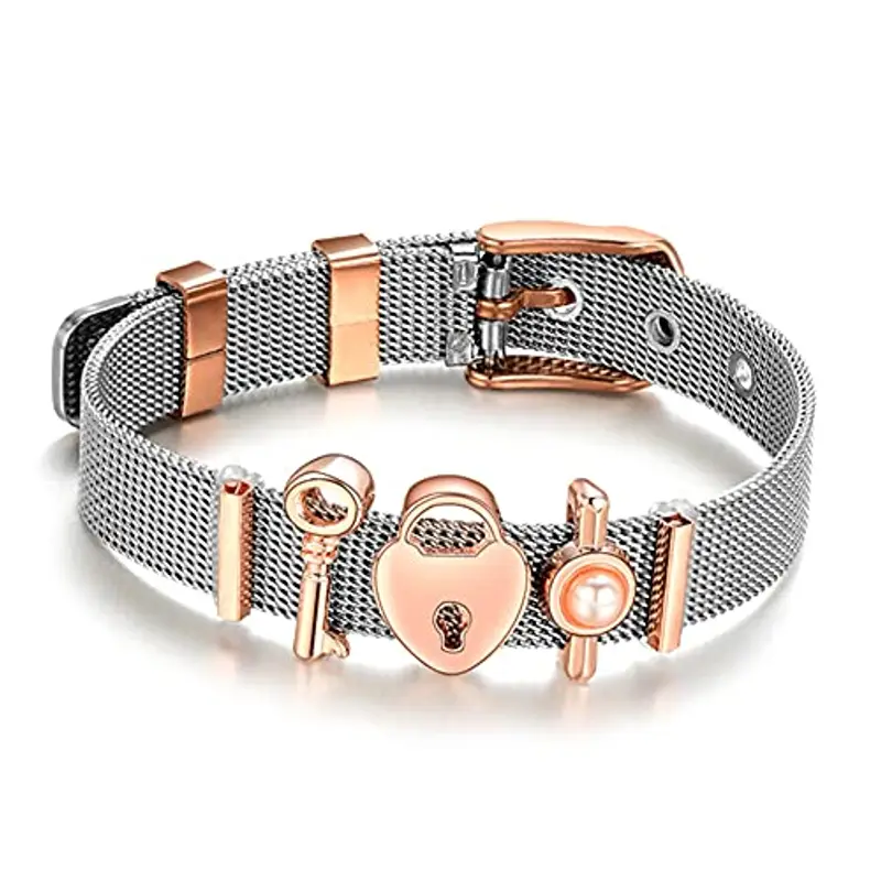 Fictory Bracciale da donna in acciaio inox, regolabile, con fibbia rosa, elegante ciondolo scorrevole, idea regalo alla moda