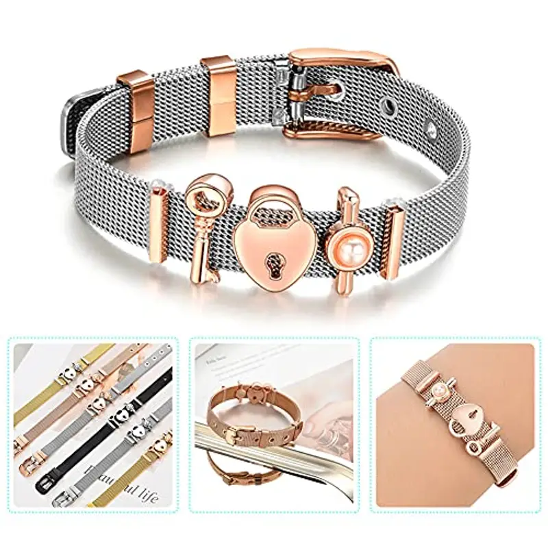 Fictory Bracciale da donna in acciaio inox, regolabile, con fibbia rosa, elegante ciondolo scorrevole, idea regalo alla moda miniatura 3