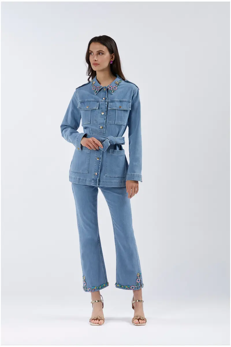 field jacket in denim con colletto ricamato sky 42