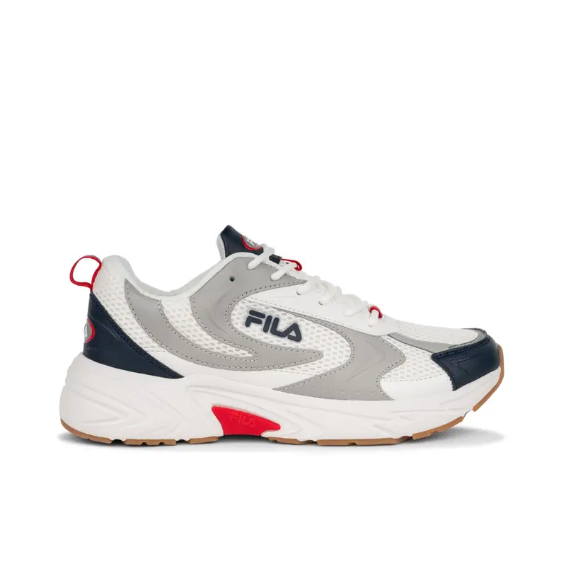 Sneakers uomo grigie e bianche da palestra con suola chunky e logo laterale