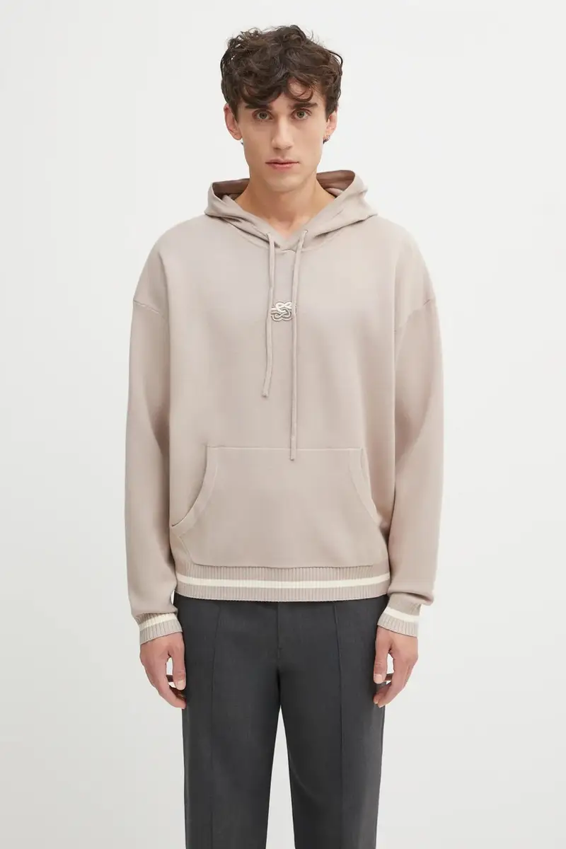 felpa Knit Hoodie uomo colore beige con cappuccio con applicazione 422532500265