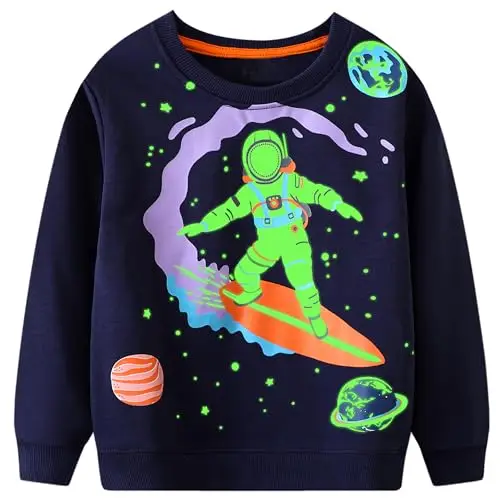 FILOWA Felpa per Bambini, Ragazzo Fosforescente Astronauti Surf Pullover Pianeta Stampa Maglione Cotone Manica Lunga