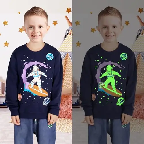 FILOWA Felpa per Bambini, Ragazzo Fosforescente Astronauti Surf Pullover Pianeta Stampa Maglione Cotone Manica Lunga miniatura 2