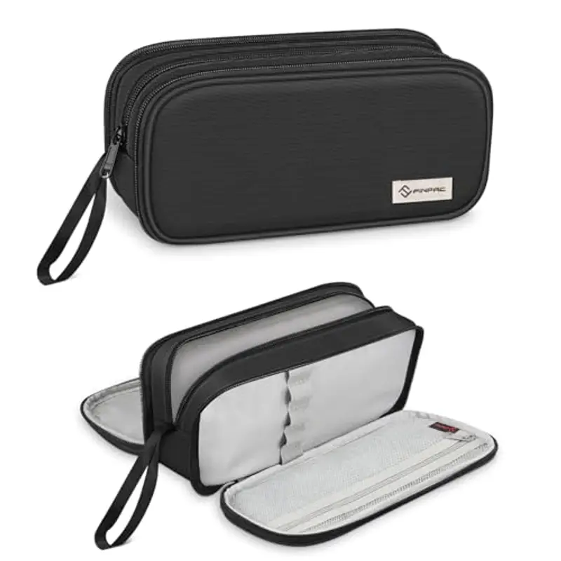 FINPAC Astuccio di Grande Capacità, Portatile Cancelleria Borsa con 3 Scomparti, Portamatite con Cerniera per Scuola Ufficio Studenti Universitari Adulto, (3 Scomparti-Nero)