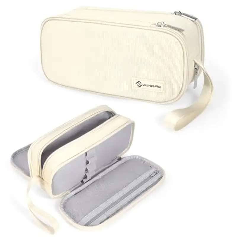 FINPAC Astuccio di Grande Capacità, Portatile Cancelleria Borsa con 3 Scomparti, Portamatite con Cerniera per Scuola Ufficio Studenti Universitari Adulto, (Beige)