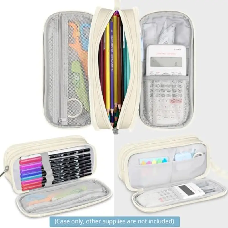 FINPAC Astuccio di Grande Capacità, Portatile Cancelleria Borsa con 3 Scomparti, Portamatite con Cerniera per Scuola Ufficio Studenti Universitari Adulto, (Beige) miniatura 2